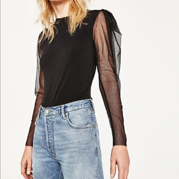 ZARA - NEVER WORN Bodysuit with Tulle Puff Sleeves - Picture 2 of 4